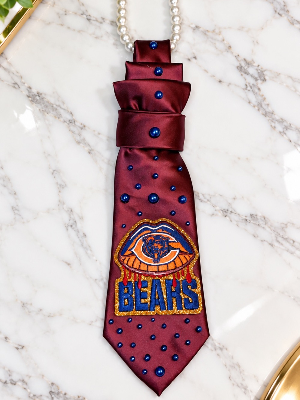 Handmade Chicago Bears Burgundy Pearl Necktie Statement Necklace